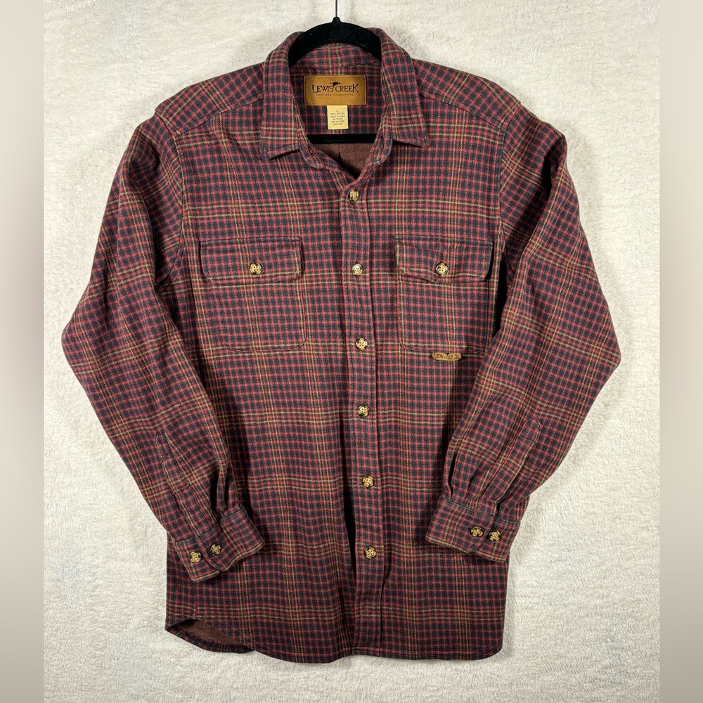 Lewis Creek Plaid Flannel Long Sleeve Button Down Shirt Red & Blue 100% Cotton